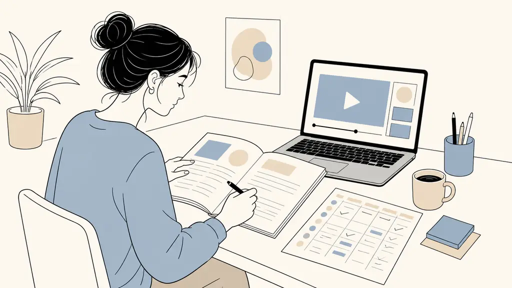 adult learner annotating a paper course booklet beside a laptop showing a video lesson and handwritten weekly study schedule, editorial photography, no text, no logo