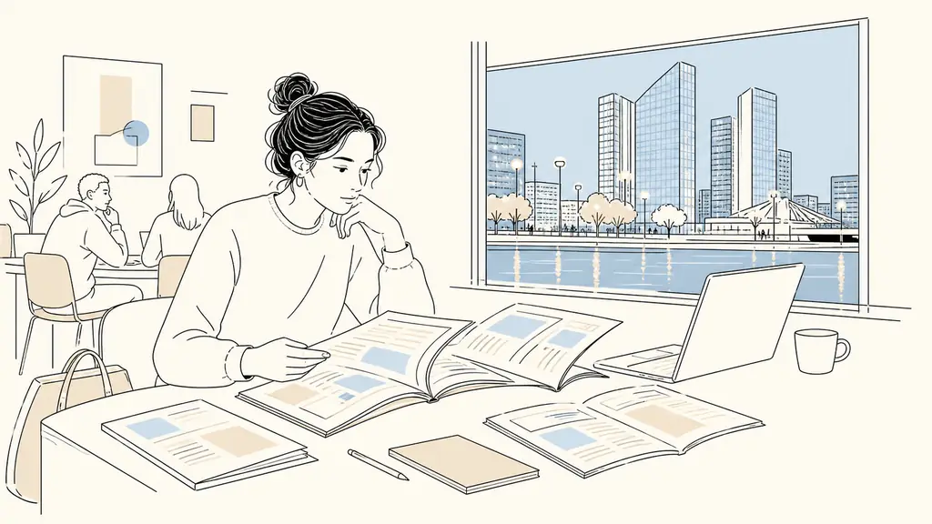 Adult learner in a Paris 13 evening classroom comparing printed training catalogues beside a laptop, with the Bibliothèque François Mitterrand area visible through the window, editorial photography, no text, no logo