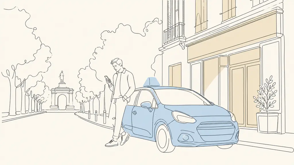 Editorial photograph of a driving school entrance on avenue Charles de Gaulle in Orange, with an adult learner checking an appointment on a smartphone beside a training car, no visible text or logo