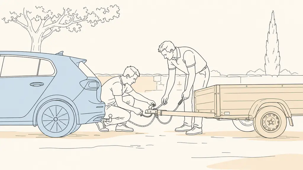 Editorial photograph of an adult learner coupling a trailer to a training car for a B96 or BE lesson while an instructor checks the safety connection in a driving school yard in Orange, no visible text or logo