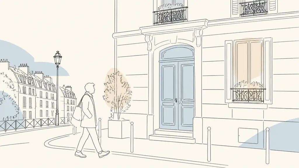 Street-level editorial photograph of the entrance at 59 rue Planchat in Paris, with a pedestrian arriving from Alexandre Dumas metro while checking the building number, no visible text or logos