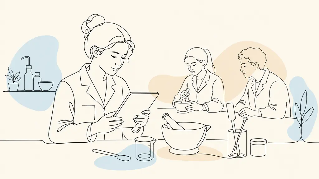 Editorial photograph of a pharmacy apprentice reviewing galenic formulation notes on a tablet beside a mortar and pestle during a small-group practical class, no visible text or logos