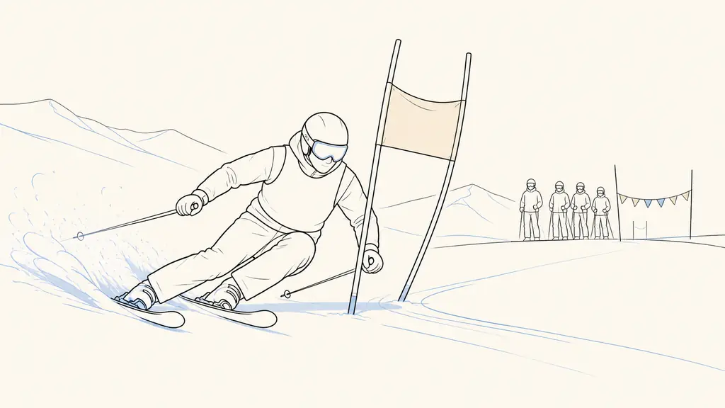 ski instructor in a plain competition bib carving tightly around a slalom gate, snow spraying beneath the skis, fellow participants watching near the finish area, editorial sports photography, no text, no logo