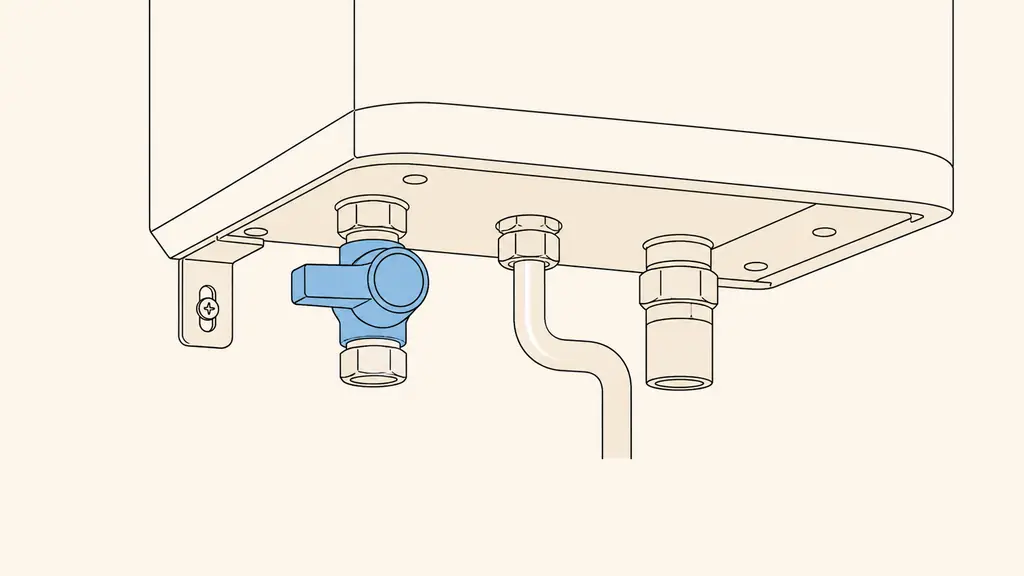 Close-up editorial photograph beneath a wall-mounted boiler, showing a blue quarter-turn filling valve on a metal connection plate beside a small metallic filling pipe, no text, no logo