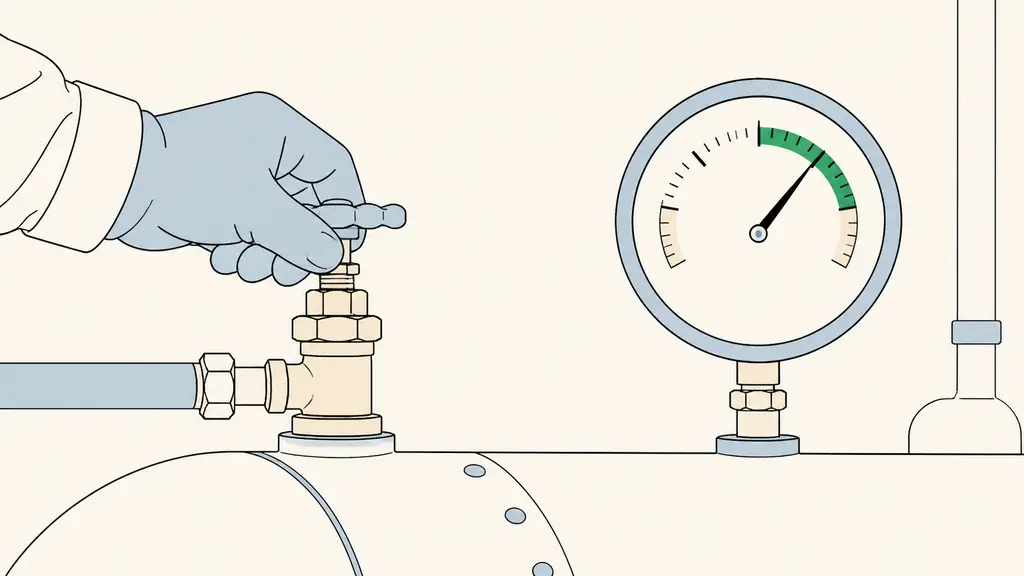 Editorial close-up photograph of a gloved hand slowly operating a boiler filling valve while an analog pressure gauge needle approaches the green zone, no text, no logo