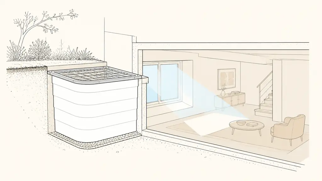 Editorial photograph of a white light well installed in front of a semi-buried basement window, with a galvanized steel grating and visible natural light entering a furnished souplex, no text, no logo