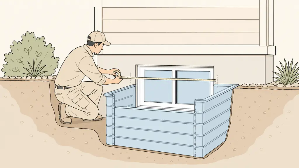 Editorial photograph of a contractor measuring a basement window with a tape measure, showing lateral clearance marks and an adjustable light well extension aligned with the finished ground level, no text, no logo