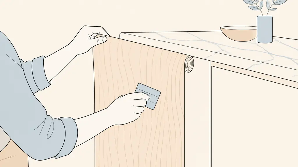 Interior installer carefully applying a wood-effect adhesive film to a smooth cabinet door beside a marble-effect covered countertop, close-up editorial photograph, no text, no logo