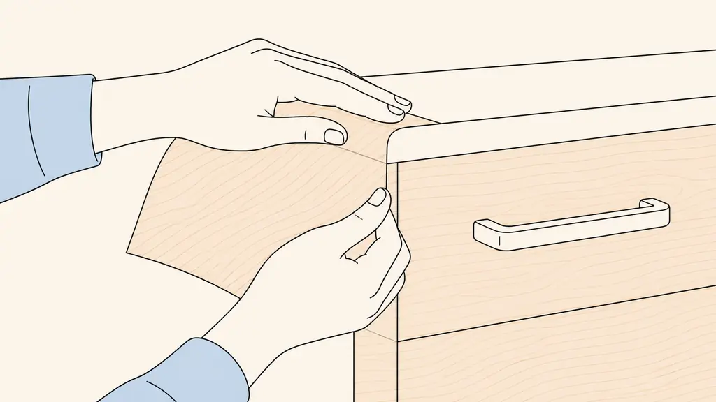Close-up editorial photograph of an installer smoothing wood-effect adhesive film around a cabinet handle, with a precise corner fold and a visible seam being carefully aligned, no text, no logo