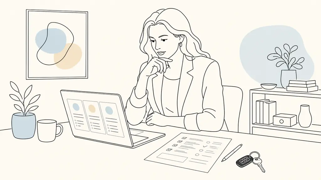 A professional woman comparing course options on a laptop beside a competency assessment worksheet and a set of car keys, realistic home office, editorial photography, no visible text or logos