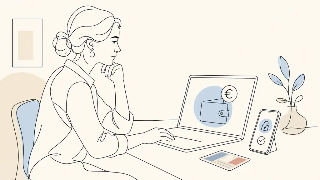 A professional woman viewing her CPF balance in euros on a laptop, with a French identity card beside a smartphone displaying a secure authentication screen, realistic editorial photography, no visible text or logos