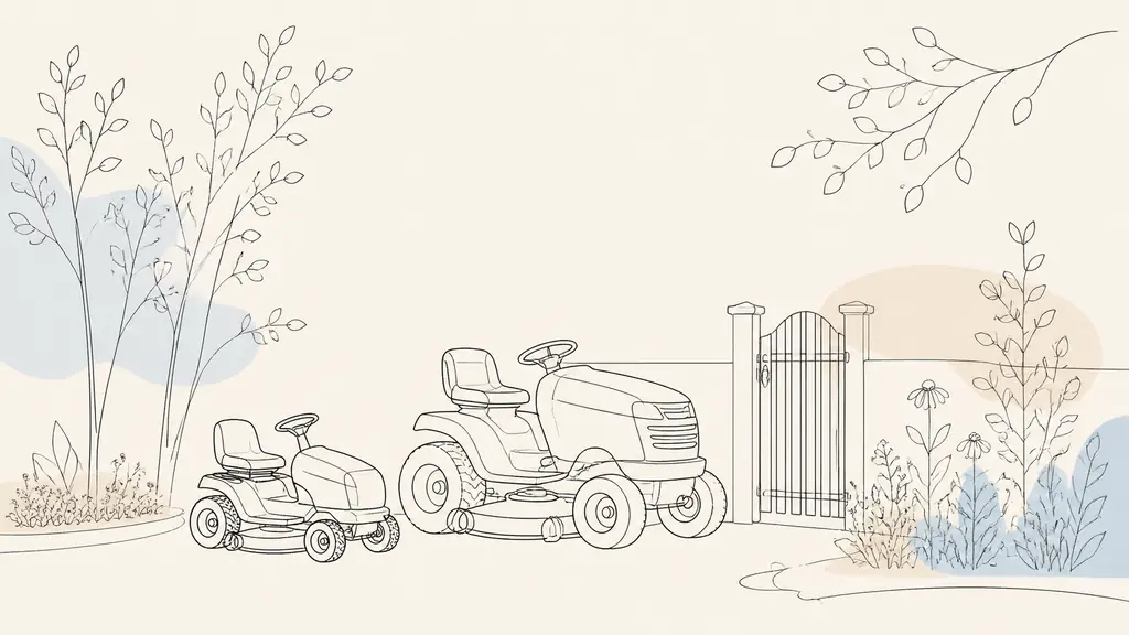Editorial photograph of a compact Mini-Rider beside a larger lawn tractor, parked near a narrow garden gate with trees and flower beds visible, no text, no logos
