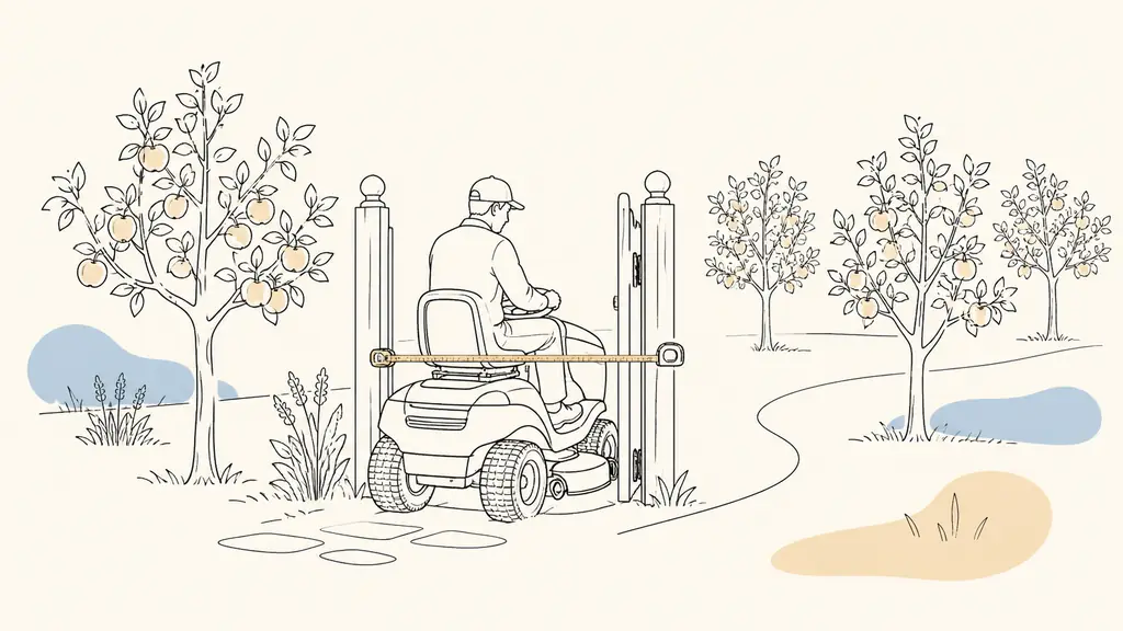 Editorial photograph of a compact riding mower passing through a narrow garden gate, with several fruit trees to navigate around and a measuring tape checking the access width, no text, no logos