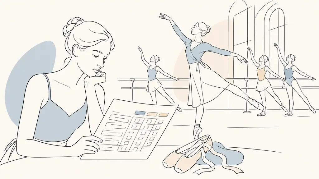 dance student reviewing a course comparison chart beside ballet shoes while an active dance professional leads a studio class in the background, editorial photography, no text, no logo
