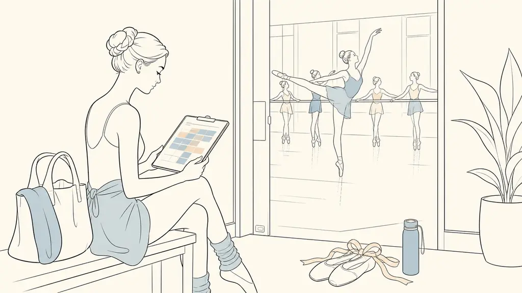dance student reviewing a color-coded weekly timetable beside a studio where a morning intensive class is taking place, ballet shoes and water bottle visible, editorial photography, no text, no logo