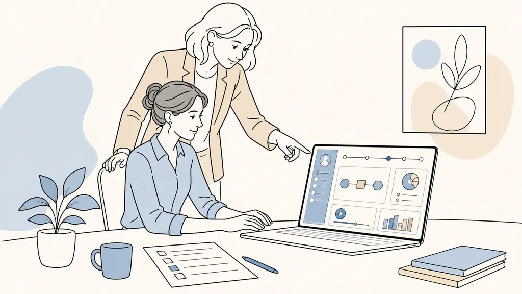 French office employee learning new business software at her workstation while a manager guides her, with an e-learning module visible on the laptop and a printed skills assessment sheet nearby, editorial photography, no text, no logo