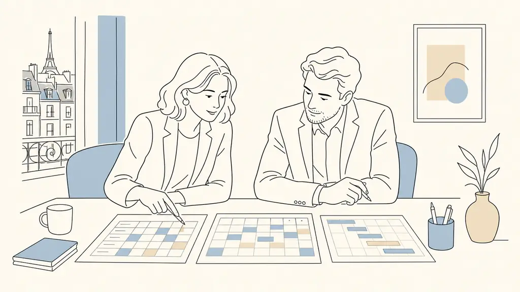 HR manager and department manager reviewing a skills gap matrix beside an annual training calendar and CRM course schedule in a French office meeting room, editorial photography, no text, no logo