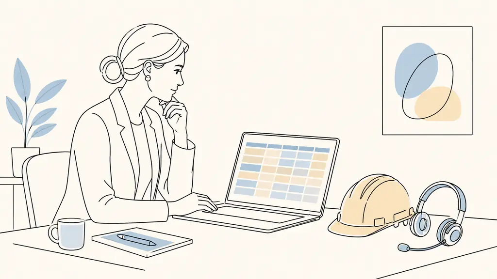 HR manager reviewing a color-coded spreadsheet on a laptop beside a safety helmet and a training headset, editorial office photography, no readable text or logos
