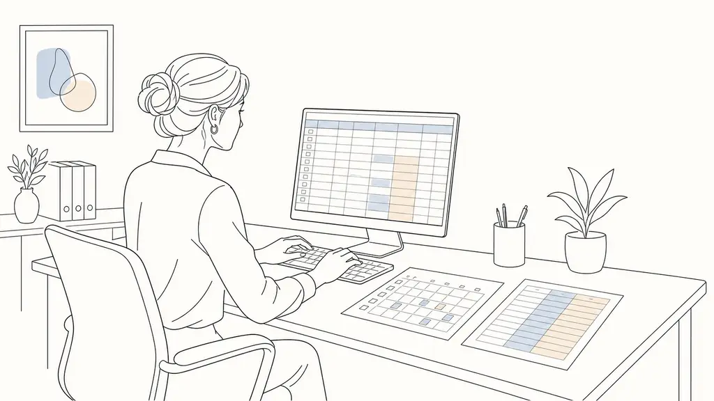 HR coordinator entering current and target skill levels into a structured spreadsheet beside a printed training calendar and two highlighted budget columns, editorial office photography, no readable text or logos