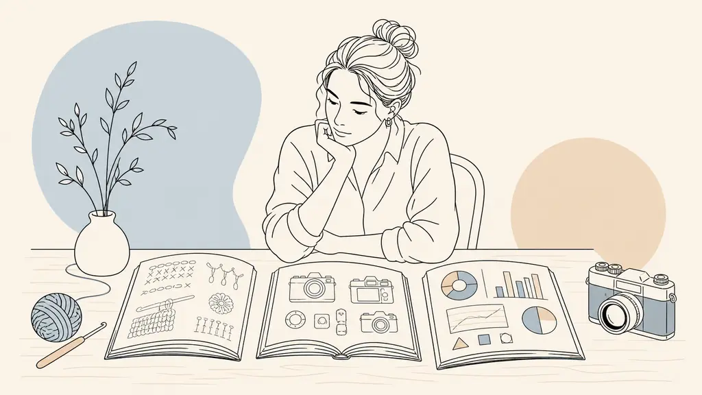 Editorial photograph of a reader at a wooden table comparing an open crochet guide, a camera manual and a management book, with yarn and a vintage camera nearby, no visible text or logos