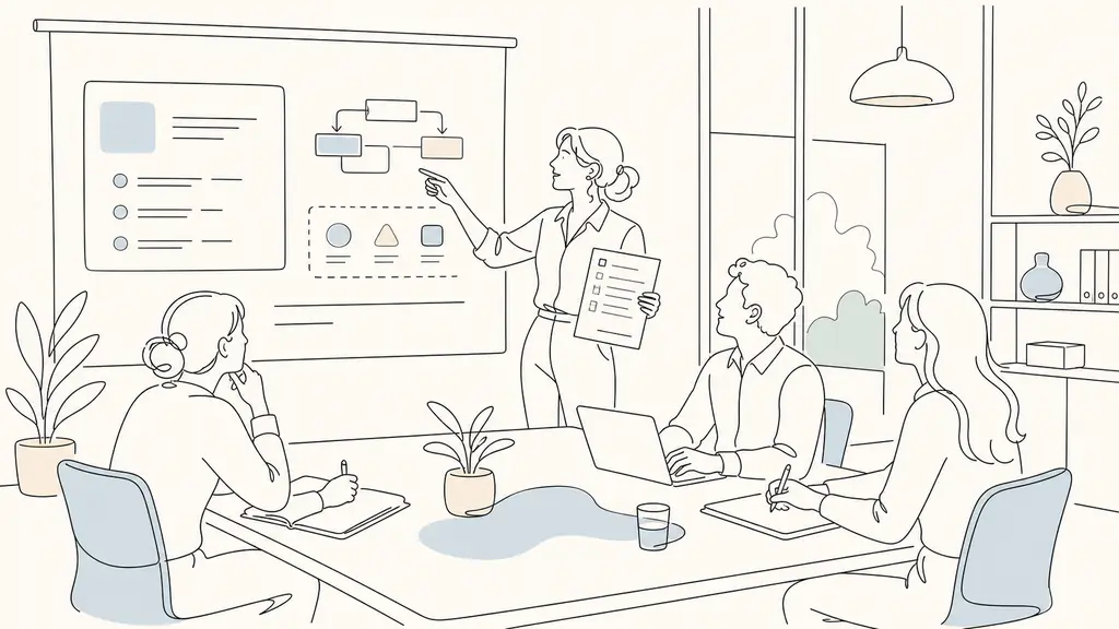 A female administrative employee leading a short software training session for three colleagues, pointing to a projected exercise while holding a printed assessment checklist, modern French SME meeting room, editorial photography, no text, no logo