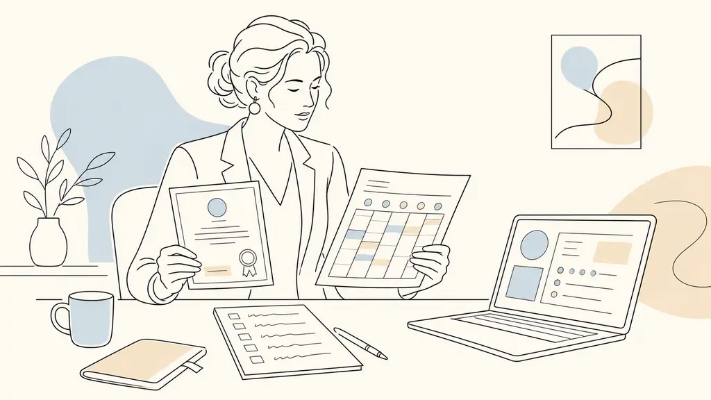 A woman comparing a printed RNCP record and a training timetable beside an open laptop displaying a digital learning platform, with a handwritten five-step funding checklist on a desk, editorial photography, no text, no logo