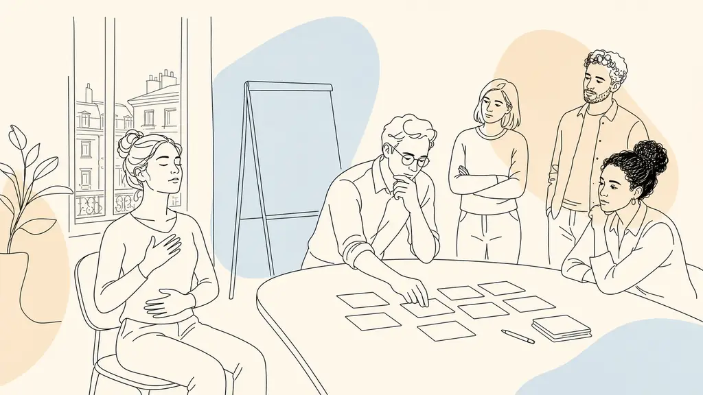 Editorial photograph inside a Lyon training room, an employee practicing slow breathing while a manager maps workplace stress sources with blank cards on a table, small group observing, no text or logos