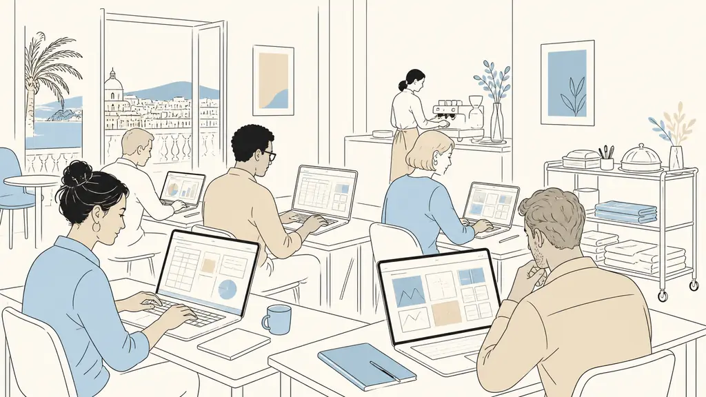 Adult learners in a bright Nice training room practicing payroll calculations and graphic layout on laptops, with hospitality work equipment visible in the background, editorial photography, no text, no logo