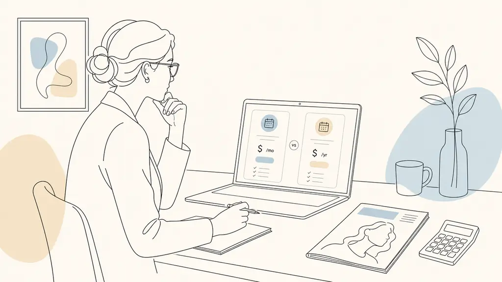 A professional comparing monthly and annual magazine subscription prices on a laptop, with a paper issue and calculator beside it, natural office setting