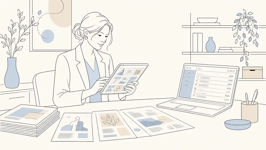A professional browsing archived magazine issues on a tablet beside printed career sheets and a neatly organized newsletter inbox on a laptop, natural editorial office setting, no text, no logo