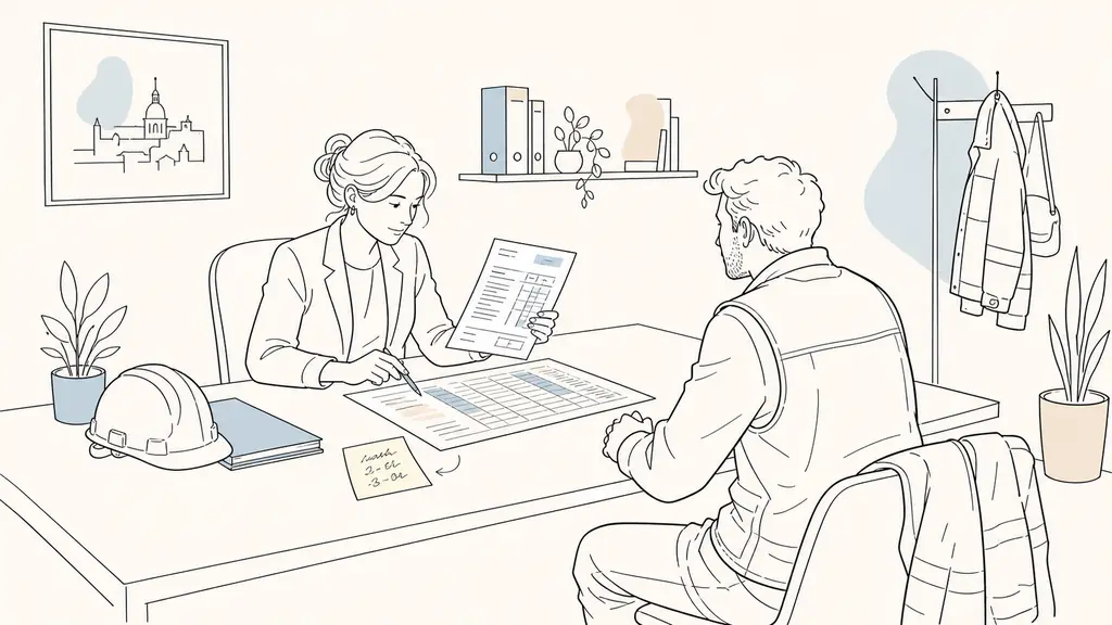 HR employee reviewing a French construction worker payslip beside a regional collective agreement grid and a handwritten note showing the IDCC, in a small office, no visible text or logo