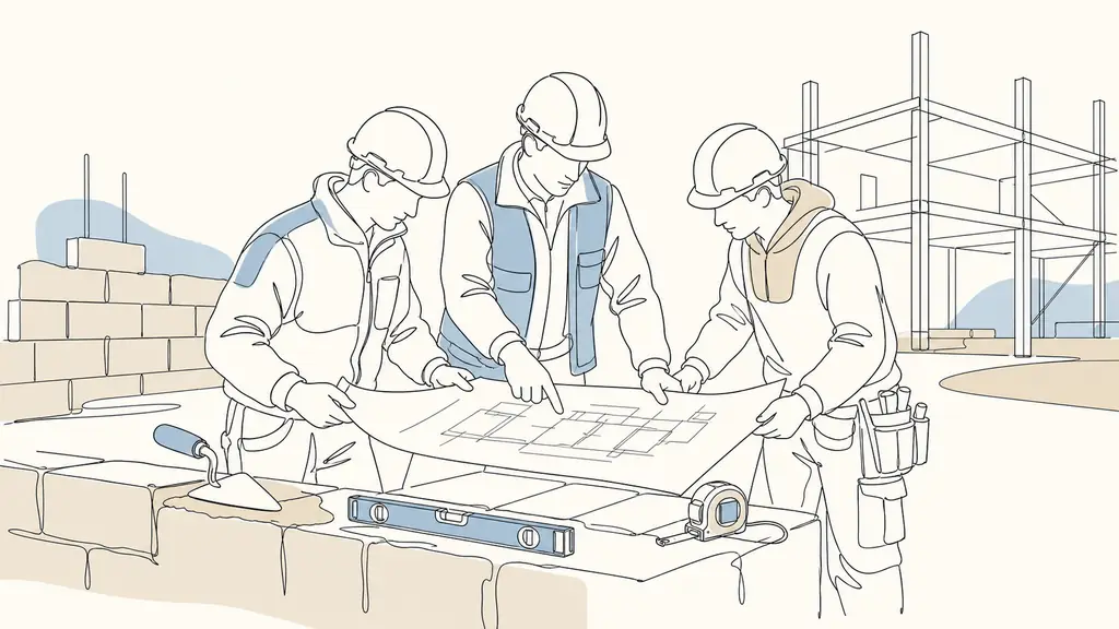 Construction team leader reviewing building plans with a skilled companion and an execution worker on a Pays de la Loire construction site, safety helmets and masonry tools visible, no text or logo