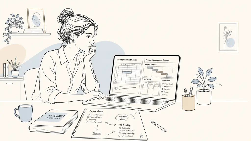 A professional woman comparing an Excel spreadsheet course and a project management course on her laptop, with an English workbook and handwritten career notes on the desk, natural home office setting