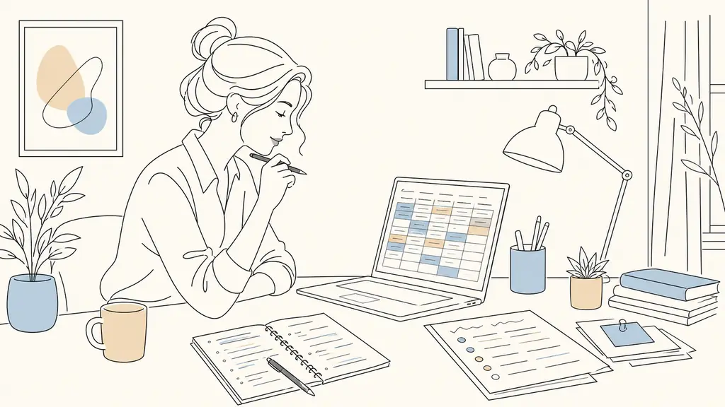 A female administrative assistant reviewing a color-coded spreadsheet on a laptop beside a printed workflow checklist and handwritten interview preparation notes, natural home office, editorial photography, no visible text or logos