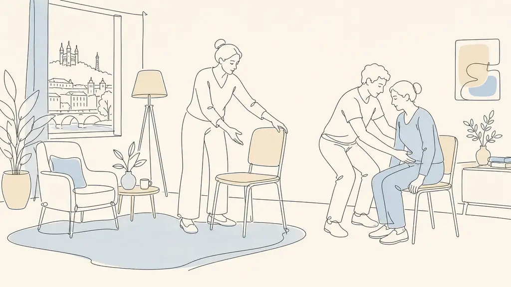 Editorial photograph inside a Lyon training room arranged like a home, with an instructor demonstrating safe assistance gestures beside a domestic chair and an attentive adult learner practicing the movement, no text, no logo
