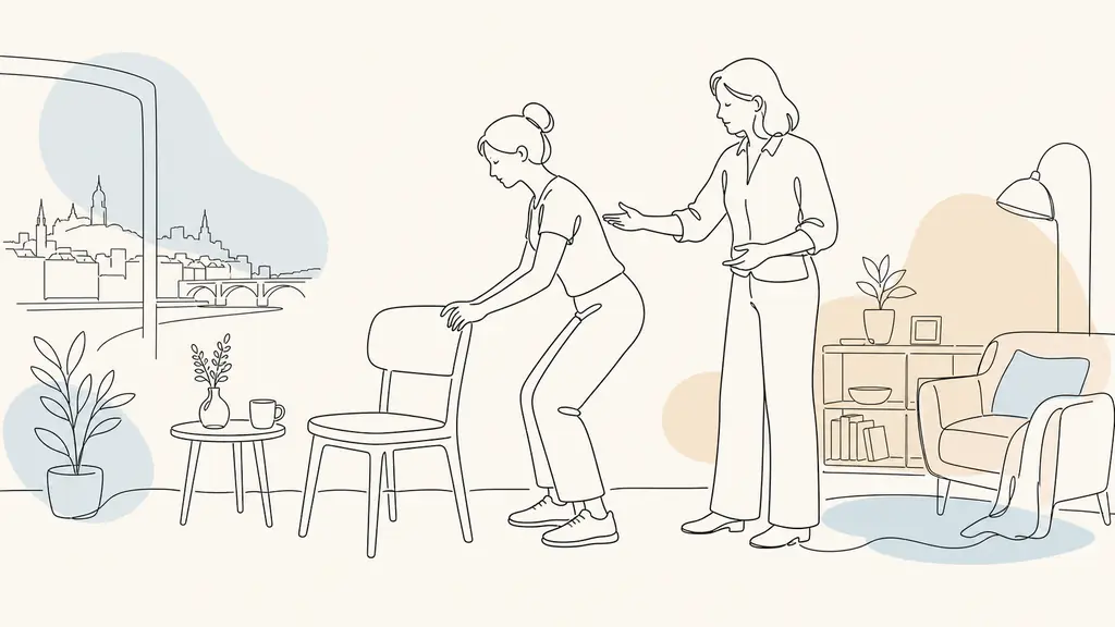Editorial photograph in a Lyon training room designed like a domestic interior, showing an adult learner practicing a safe assistance posture beside a household chair while an experienced instructor observes and corrects the gesture, no text, no logo