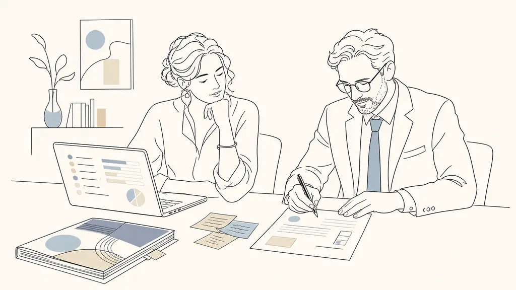 A French secondary school teacher reviewing ranked training requests on a laptop while a school principal signs a printed application form, with a course catalogue and handwritten priority notes on the desk, editorial photography, no visible text or logos