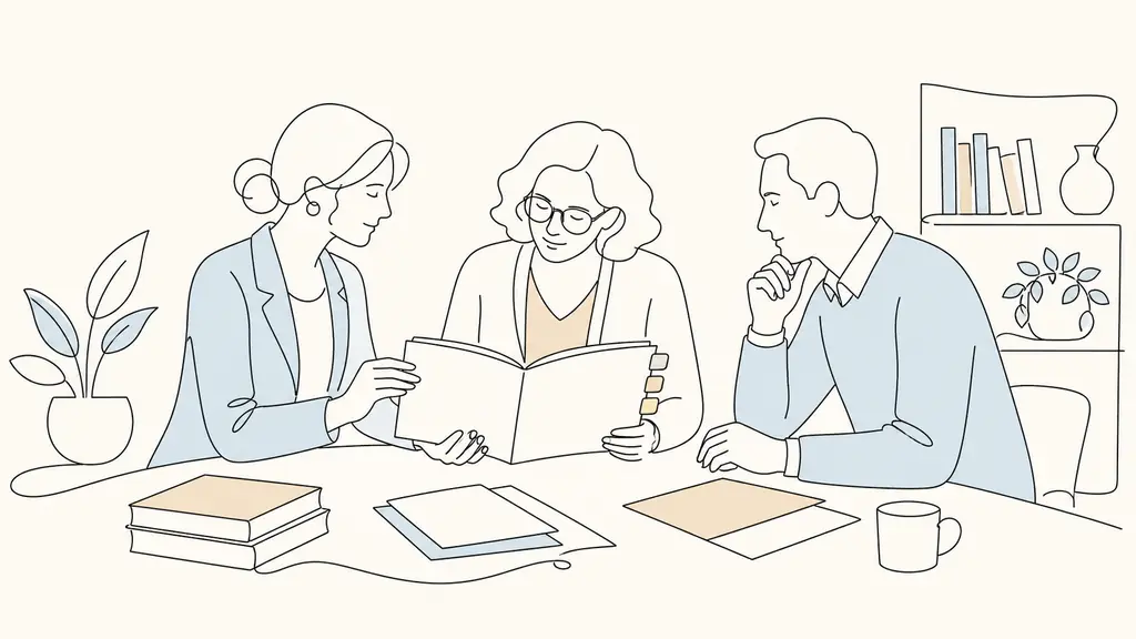Editorial photograph of a teacher, a school librarian and an education adviser comparing a printed training catalogue with color-coded tabs around a meeting table, no visible text or logos