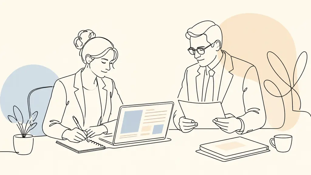 Editorial photograph of a teacher reviewing an academic training catalogue on a laptop, selecting training wishes on a notepad while a school principal checks a printed application summary, no visible text or logos