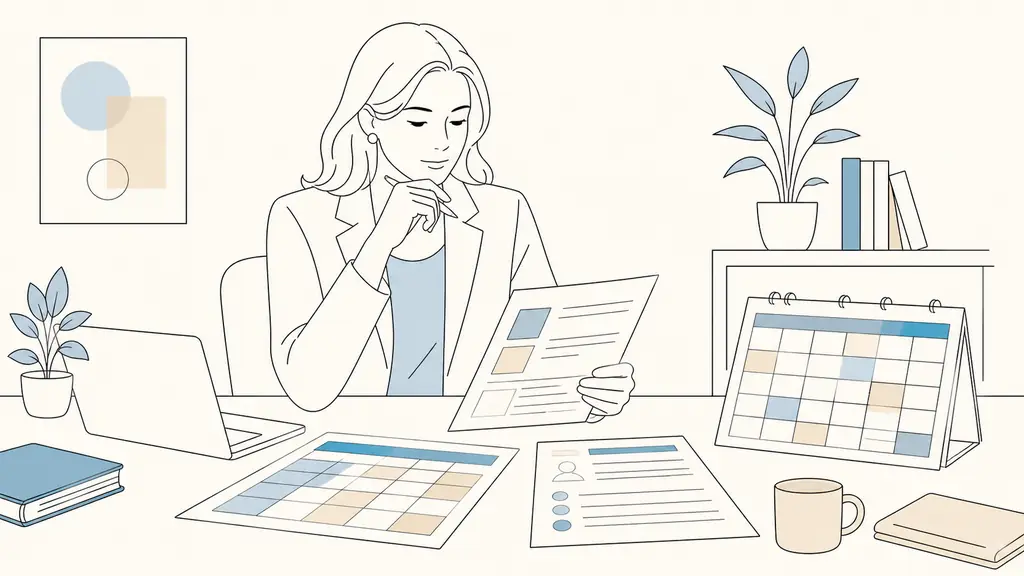 HR training manager reviewing a skills matrix, employee job descriptions and a color-coded annual training calendar on a desk, editorial office photography, no text, no logo