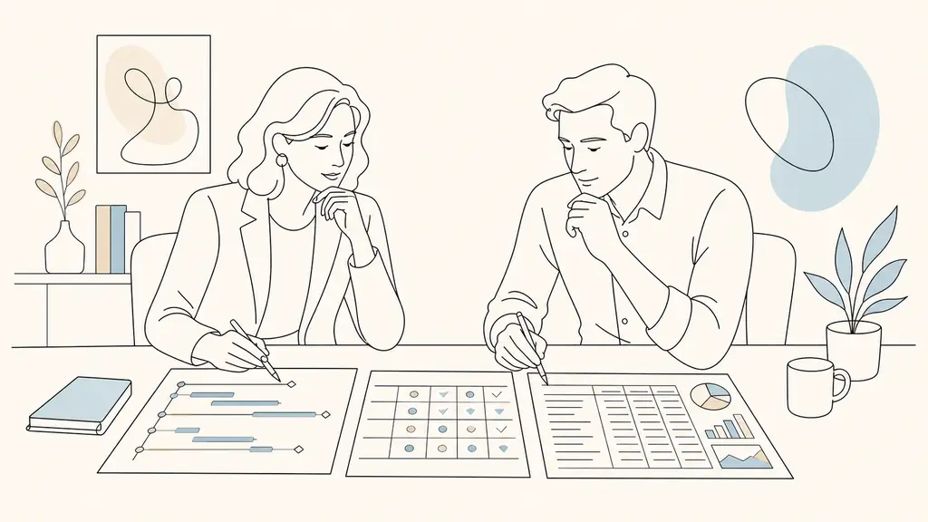 HR manager and team leader comparing an ERP rollout schedule with a skills matrix and a training budget spreadsheet, editorial office photography, no text, no logo