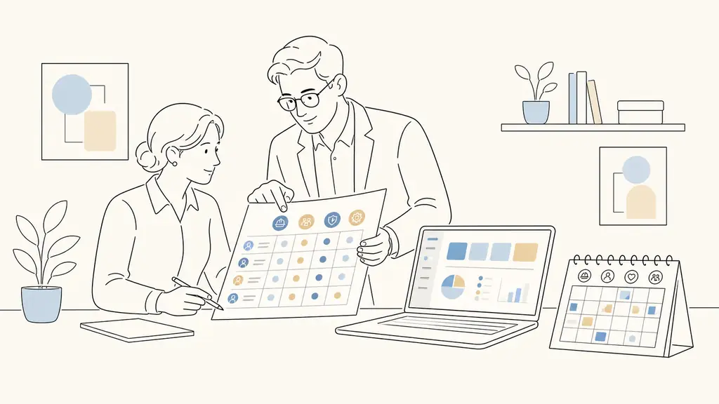 Editorial photograph of a manager and an employee reviewing a color-coded skills matrix beside a laptop displaying new business software, with a safety training calendar on the desk, no visible text or logos
