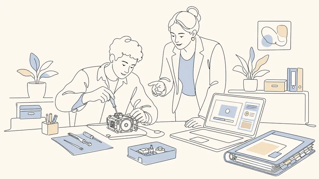 Editorial photograph of an employee practicing a technical task with an AFEST supervisor, an open laptop showing an e-learning module, and a VAE portfolio folder on the desk, no visible text or logos