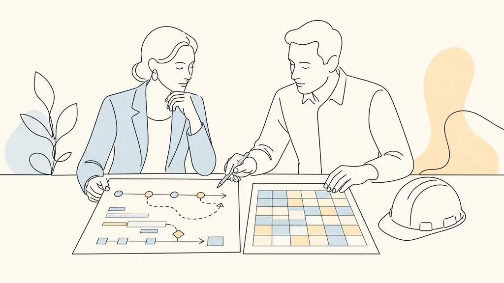 Editorial photograph of an HR manager and an operations manager comparing an ERP rollout roadmap with a color-coded competency matrix, a safety helmet placed beside the documents, no visible text or logo