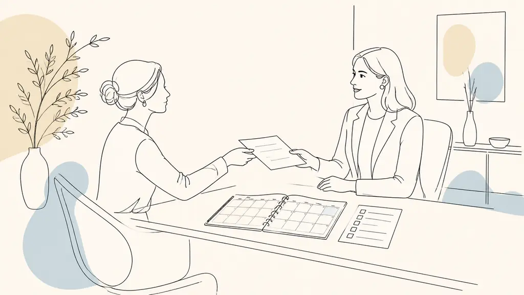 French office employee discussing a written skills development request with an HR manager, training calendar and competency checklist visible on the desk, no text or logo