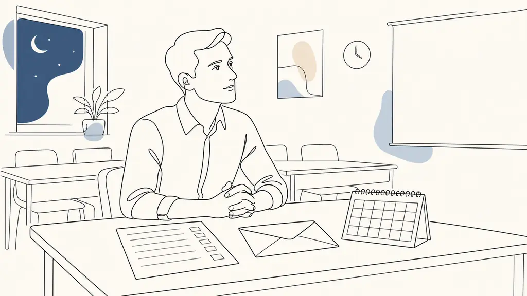 Employee attending an evening training session, with a course attendance sheet, medical certificate envelope and training schedule visible on the desk, no text or logo