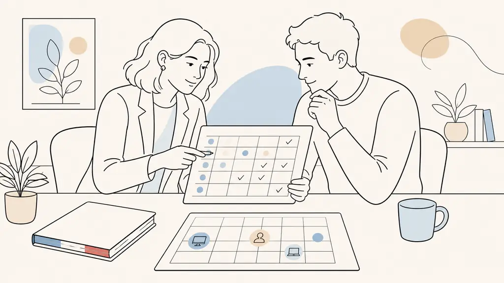 Editorial photograph of an HR manager reviewing a skills matrix beside an employee, with a French language workbook and computer training schedule on the desk, no text, no logo