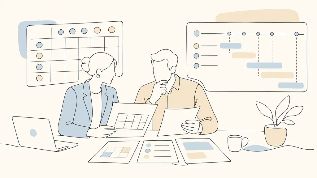 Editorial photograph of an HR manager and team supervisor comparing a skills matrix with updated job descriptions beside a CRM project timeline, no text, no logo