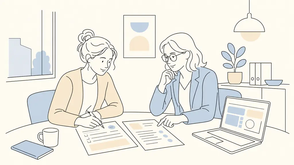 Editorial photograph of an administrative employee and her manager reviewing a training request beside a job description and an open laptop displaying office software, in a small French company meeting room, no text, no logo