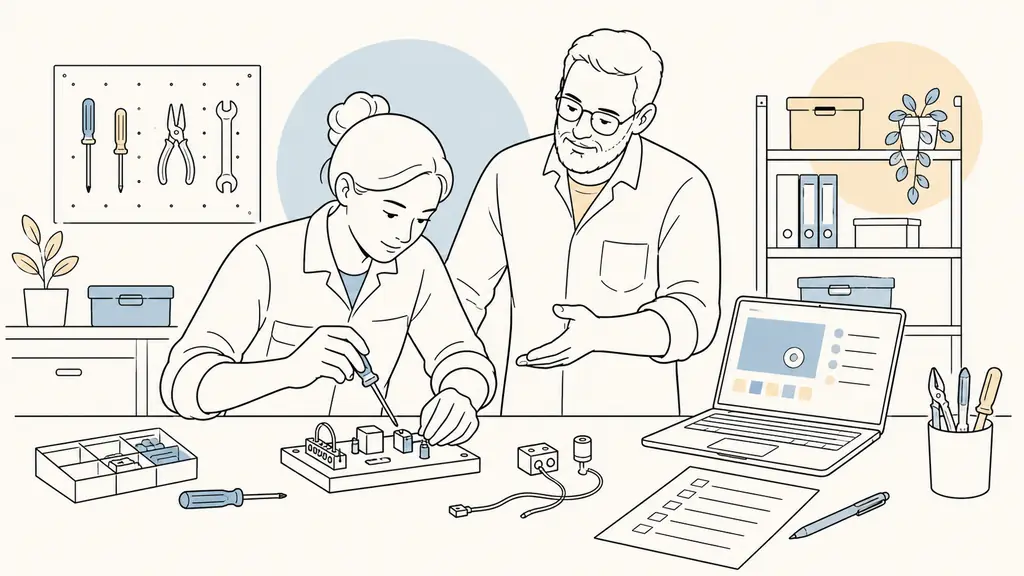 Editorial photograph of an employee practicing a technical procedure with an AFEST tutor beside an open e-learning laptop and a competency checklist, no text, no logo
